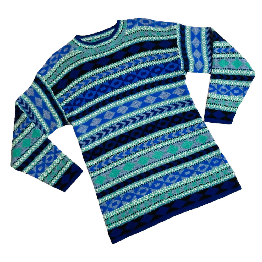 COLLEGE point vintage sweater blue green white stripes - large - READ